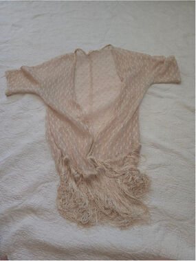 Boho Revival Beige Crochet Short Sleeve Fringe Shrug Kimono Wrap XL Festival Szn